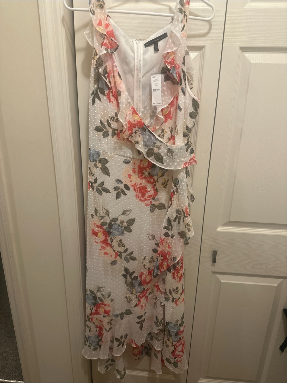 NWT White House Black Market Floral Clip Dot Ruffle High Low Dress Size 14